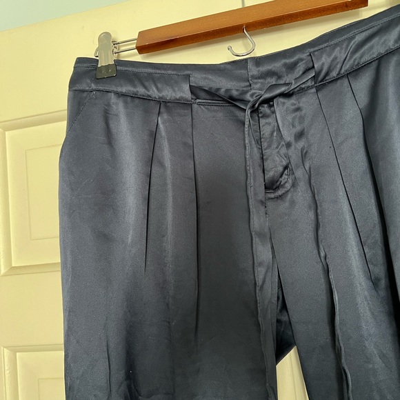 Lightweight Navy Satin Pants with cuffed hem. Belt tie included. - Picture 3 of 4